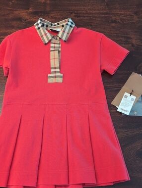 Girls Burberry Red Polo Dress with Plaid Collar